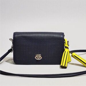 Coach Legacy Penny Perforated Leather Navy Crossbody Bag with Yellow Accents